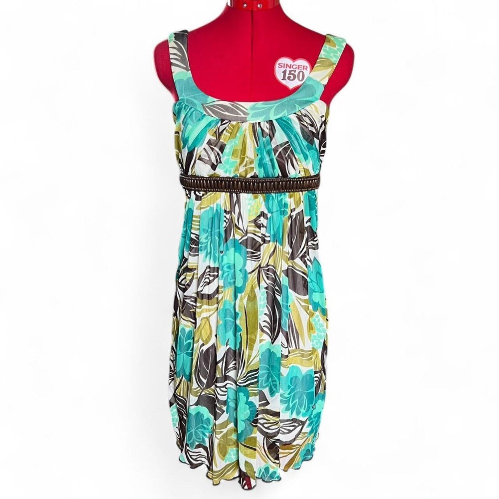 y2k city triangles multicolored floral print dress with brown beaded waistband